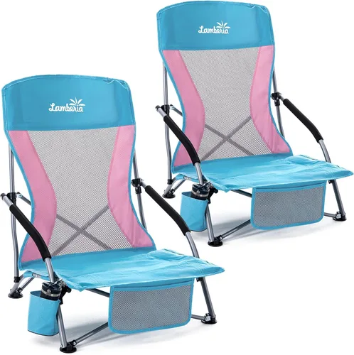 Miniatura 14 de Lamberia Silla de playa plegable para adultos, paquete de 2, sillas de playa bajas portátiles con capacidad de 300 libras, silla de camping ligera