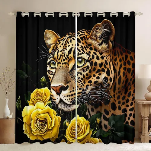 Miniatura 8 de Erosebridal Cortinas de Rosas Rojas 3D Tratamientos para Ventanas de Guepardo, Paneles de Cortinas con Estampado de Gato Leopardo para Sala