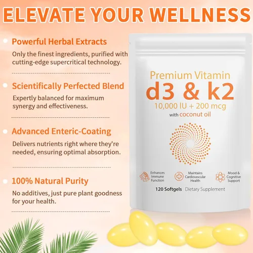 Miniatura 3 de Vitamina D3 K2 de 10000 UI – 240 cápsulas blandas de aceite de coco virgen, suplemento complejo de vitamina D y K 2 en 1, cápsulas blandas de apoyo