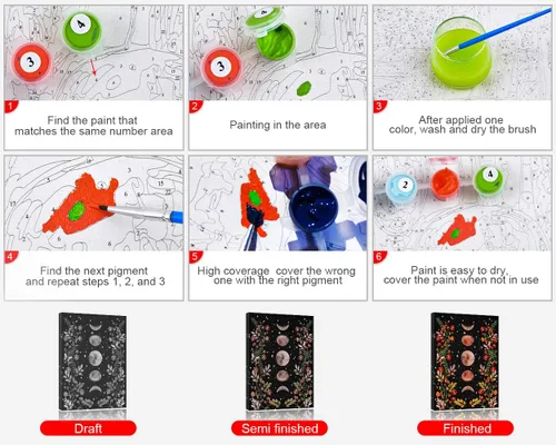 Miniatura 5 de TUMOVO Pintura por Números para Adultos Jardín con Luz de Luna Pintura por Números para Adultos Fase Lunar Rodeada de Enredaderas y Flores Negro Kit