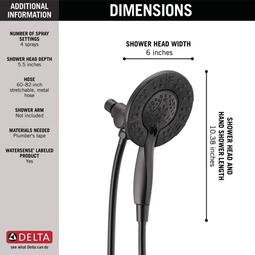 Miniatura 5 de Delta In2ition - Cabezal de ducha doble 2 en 1 de 4 ajustes con rociador de mano, cabezal de ducha desmontable negro mate con manguera, cabezal