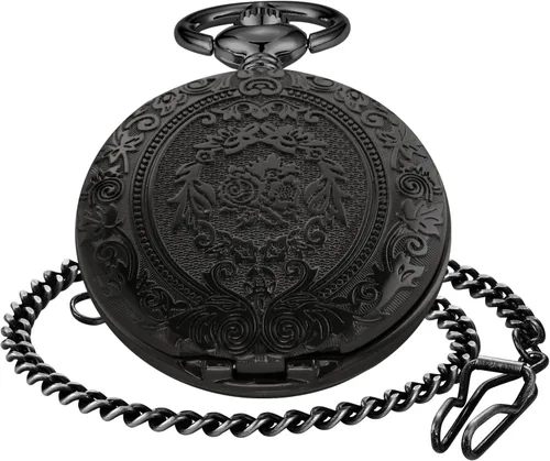 Miniatura 3 de Large Decorative Flower Pattern White Roman Numeral Scale Quartz Pocket Watches for Men with Chain