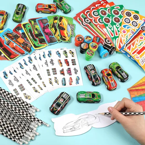 Miniatura 4 de BenLouis 96 piezas de recuerdos de fiesta de autos de carreras con tema de carreras, juego de papelería escolar a granel para niños, ruedas