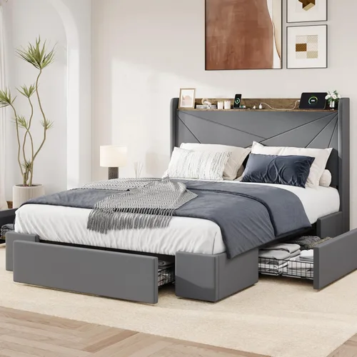 Miniatura 3 de Allewie Base de cama de terciopelo tamaño Queen con 3 cajones de almacenamiento, cama de plataforma tapizada con cabecera de almacenamiento