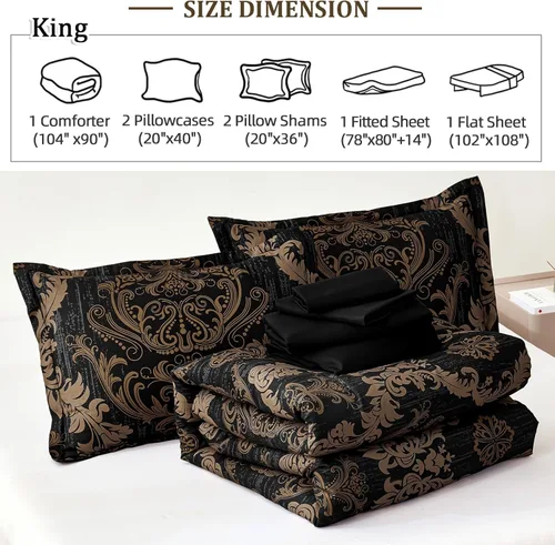 Miniatura 7 de WONGS BEDDING - Juego de edredón negro tamaño full, textura damasco dorado, juego de 7 piezas en una bolsa, de microfibra - 1 edredón, 1 sábana