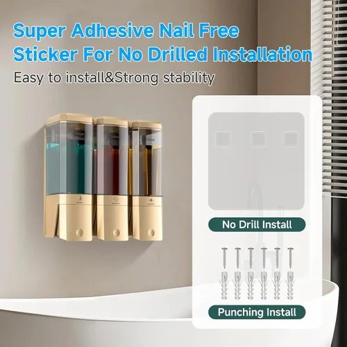 Miniatura 2 de Dispensador de champú y acondicionador, dispensador de ducha de 3 cámaras sin taladro, dispensador de champú montado en la pared para ducha
