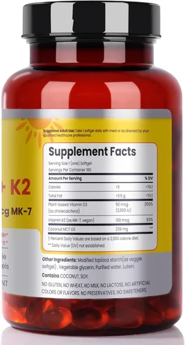 Miniatura 10 de FAMILI+ 180 Días de Vitamina Vegana D3+K2 en Cápsulas Blandas con Aceite de MCT de Coco 2000UI de Vitamina D3 de Fuente Vegetal + 100 mcg