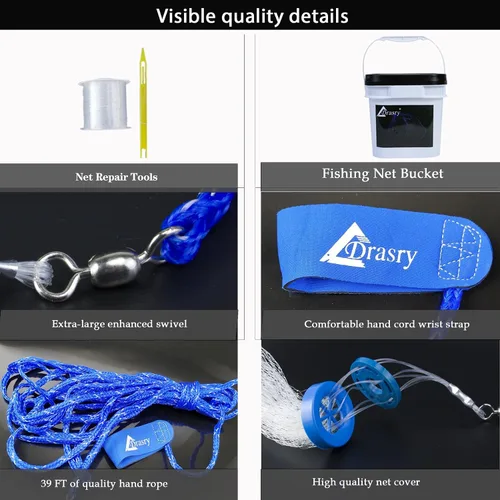 Miniatura 3 de Drasry Saltwater Fishing Cast Net for Bait 3/8 1/4 or 1/2 with Heavy Sinkers Fish Trap Throw Net. Size 3ft/4ft/5ft/6ft/7ft/8ft/9ft/10ft Radius