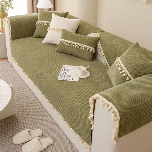 Miniatura 4 de vctops Funda de sofá bohemia con borlas con pompones, funda de sofá modular de pana súper suave, antideslizante, lavable, protector de muebles Verde