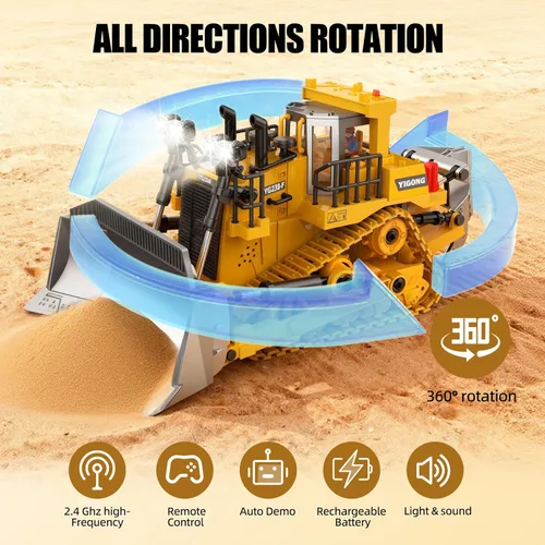 Miniatura 2 de Bulldozer de juguete RC con hoja de metal, luz y sonido, 9CH 2.4GHz control remoto camión de construcción, tractor topador juguetes para niños de 3