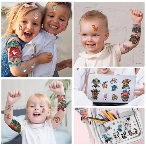 Miniatura 5 de 52 PCS Tatuajes Temporales de Brazo Completo para Niños - Cohete Carro Dinosaurio Planeta Astronauta y Delfín Castillo Gato Tatuajes Corporales