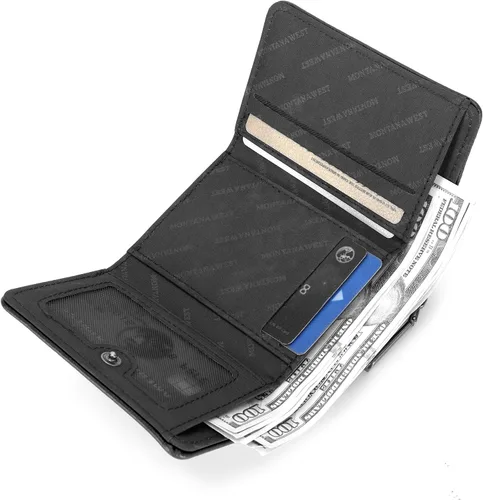 Miniatura 2 de Montana West Billetera pequeña para mujer, de piel auténtica, triple pliegue, tarjetero Rfid con cremallera y bolsillo para monedas, Un negro, Casual