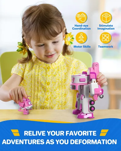 Miniatura 7 de Super Wings - Remolque de rescate de Dizzy's de 7 pies con mini figura rosa de Transform-a-Bot de 2 pies, juego de vehículos de juguete de avión