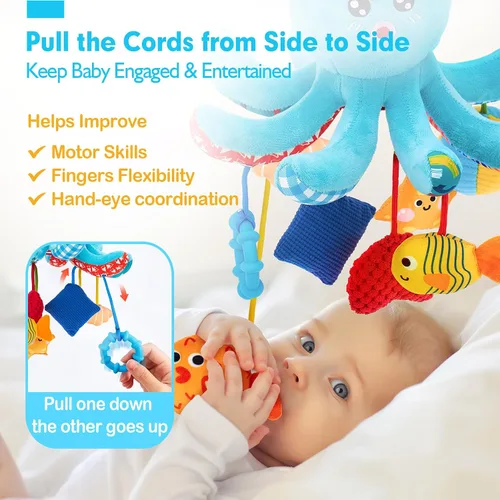 Miniatura 2 de hahaland Juguetes para bebés de 0 a 6 meses – Juguetes para asiento de automóvil, juguete de pulpo con cuerdas de tracción, chirriante, sonajero