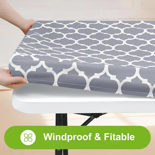 Miniatura 2 de Smiry Mantel cuadrado para mesa de pícnic, manteles de camping impermeables elásticos ajustables, protector de mantel de vinilo con respaldo de Gris