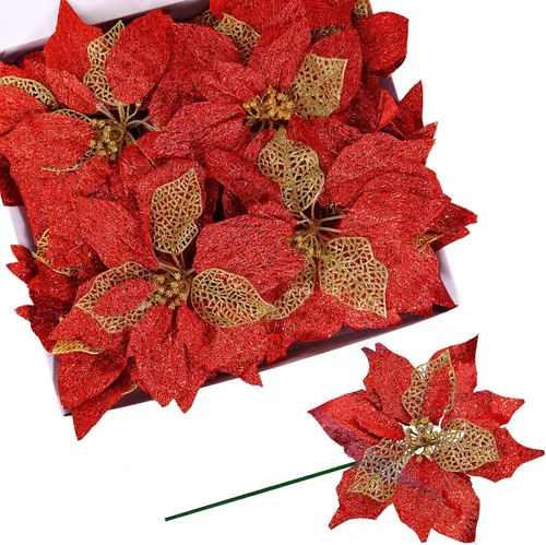 Miniatura 2 de Juego de 20 flores de pascua de 8.7 pulgadas de ancho, 3 capas de flores de Pascua rojas con purpurina, adornos para árbol de Navidad rojo, coronas