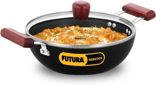 Miniatura 10 de Hawkins Futura Kadhai de 5 litros de profundidad, Kadai antiadherente con tapa de cristal, fondo plano de inducción, Kadhai, color negro (INK50G)