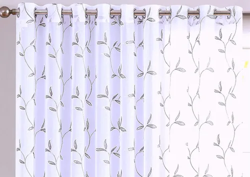 Miniatura 2 de LINENZONE Cortina de patio transparente blanca para puertas correderas con bordado de hojas de carbón gris. Extra ancha para patio, puertas