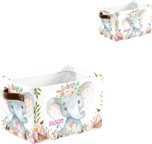 Miniatura 6 de Contenedor de almacenamiento personalizado de elefante floral rosa bohemio con nombre, impermeable, organizador de lona con asas, para cestas