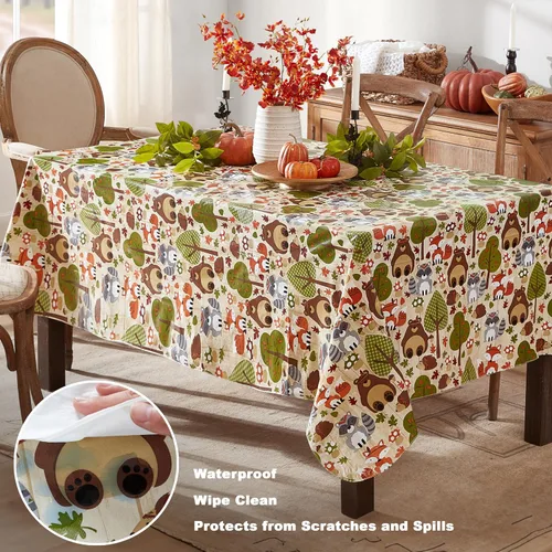 Miniatura 3 de Newbridge Woodsy - Mantel de vinilo con parte trasera de franela de otoño y Acción de Gracias, diseño de criaturas del bosque caprichosas