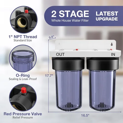 Miniatura 4 de SimPure Sistema de filtro de agua para toda la casa, prefiltración de agua transparente de 2 etapas con filtros de carbono y KDF, reduce el hierro