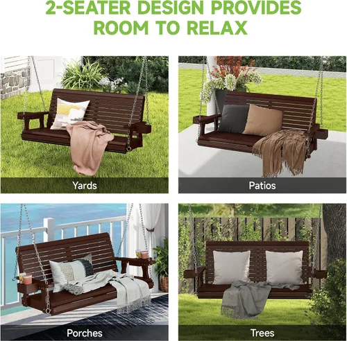 Miniatura 9 de Real Relax - Columpio de madera para el porche delantero, silla colgante de patio al aire libre de 2 plazas con portavasos, banco de asiento