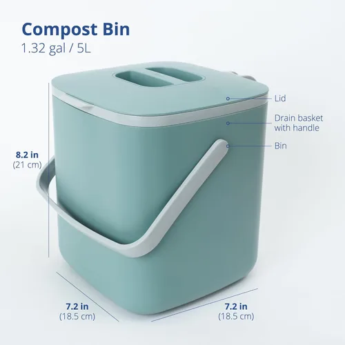 Miniatura 2 de BLUE GINKGO - Basurero de cocina para compost [5L / 1.32 GAL] – Cubo de desperdicios de alimentos sin filtro, hermético a olores, con asas