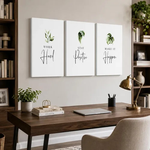 Miniatura 80 de Arte de pared inspirador de 3 piezas, imagen de refranes de plantas blancas, citas de trabajo y estadía, impresiones en lienzo para decoración