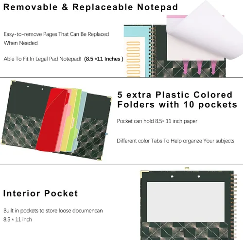 Miniatura 5 de Portapapeles Portafolio con Bloc de Notas Recargable, Carpeta de Portapapeles de Tapa Dura en Espiral, 5 Separadores, Portapapeles de Almacenamiento