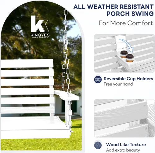 Miniatura 31 de KINGYES Columpio colgante para porche al aire libre, silla de columpio de patio de 2 asientos con portavasos, banco impermeable para patio y jardín