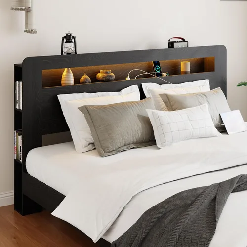Miniatura 4 de Marco de Cama de Madera Tamaño Full con Cabecera de Almacenamiento, Marco de Cama de Plataforma Estilo Granja con Estante de Librería y Luces LED