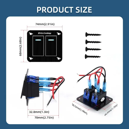 Miniatura 5 de Panel de interruptor basculante de aluminio de 2 vías, impermeable, precableado con retroiluminación azul, interruptor de palanca