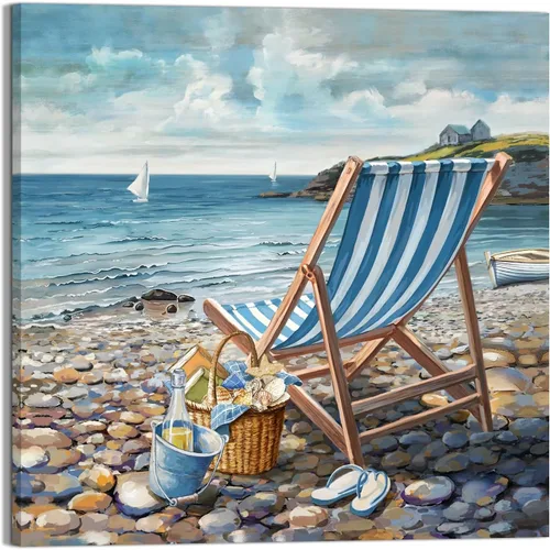 Miniatura 14 de Decoración de baño, arte de pared de playa, tema oceánico, imagen azul, impresión en lienzo, obra de arte costera moderna, enmarcada para colgar