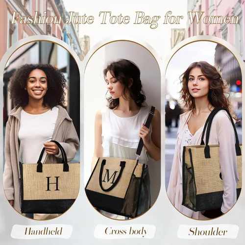 Miniatura 3 de TOPEAST Jute Initial Tote Bag Burlap Beach Bag Personalized Birthday Gifts for Women Teacher Mom Bridal Bridesmaid Gifts