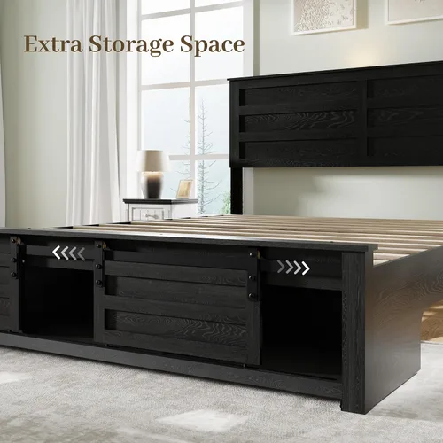 Miniatura 6 de Base de cama tamaño matrimonial con cabecero de madera, estructura de cama de plataforma de madera con estribo de puerta corrediza de granero