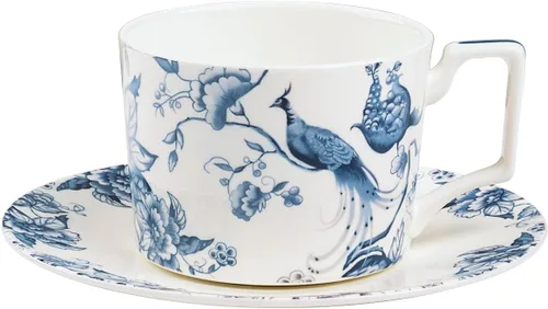 fanquare Juego de taza de té y platillo de porcelana de hueso de 9 onzas para 1, taza de café azul y blanca con juego de platos, taza de té de