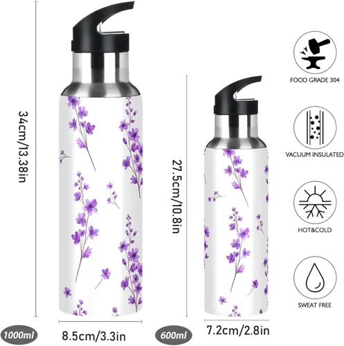 Miniatura 2 de Purple Flowers Leaves Stainless Steel Water Bottle 20 Oz Leakproof Water Bottles, BPA-Free Sports Water Bottle with Straw