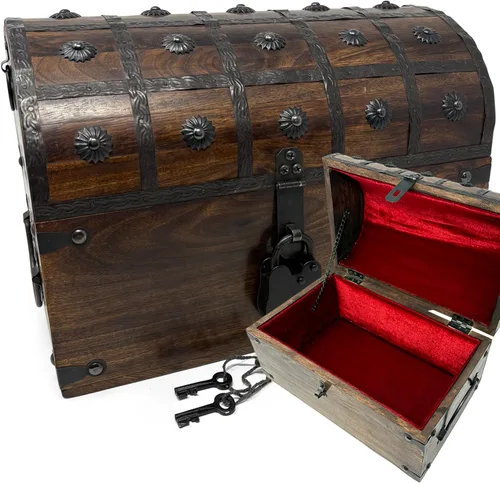 Miniatura 7 de Nautical Cove Cofre del tesoro de madera con forro acolchado de terciopelo y cerradura antigua con llaves de esqueleto (pequeño 8 x 6 x 6) – Cofre