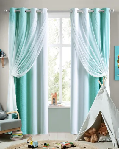 Miniatura 22 de Cortinas 100% opacas con superposición de gasa Mix and Match de doble capa, 54 pulgadas de largo, 2 paneles para dormitorio y sala de estar, azul