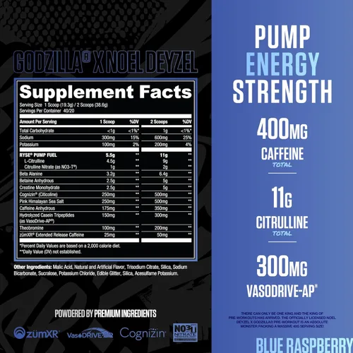 Miniatura 2 de RYSE Godzilla X Noel Deyzel - Polvo de preentrenamiento - Frambuesa azul - 400 mg de cafeína, preentrenamiento de alto nivel para hombres y mujeres