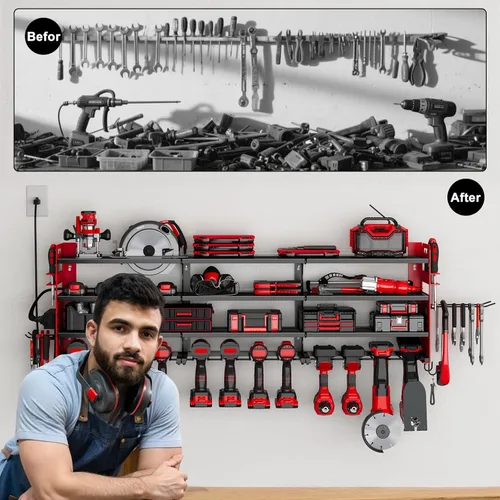 Miniatura 5 de Soporte de taladro inalámbrico para 12 unidades, organizador grande de herramientas eléctricas, soporte de pared con tablero de clavijas lateral