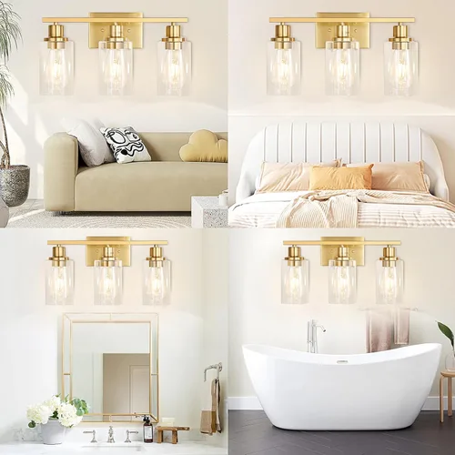 Miniatura 2 de Lámparas de pared doradas para baño de latón cepillado, lámparas de pared modernas de 3 luces con apliques de vidrio transparente, lámpara de pared