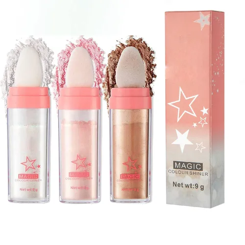 Iluminador en polvo de purpurina de tres colores, brillo corporal realza el rubor facial tridimensional natural, polvo de hadas para aplicar con 3