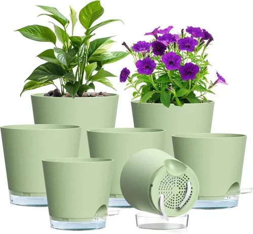 Miniatura 19 de Meowell Macetas de riego automático de 5 pulgadas para plantas de interior, paquete de 5 macetas pequeñas con agujeros de drenaje y depósito