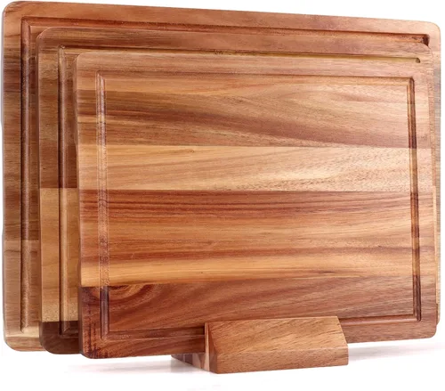 Miniatura 8 de Tabla de cortar de madera de acacia para cocina, tabla de cortar de madera con mango lateral y ranura para jugo, tabla de tallar de 15 x 11
