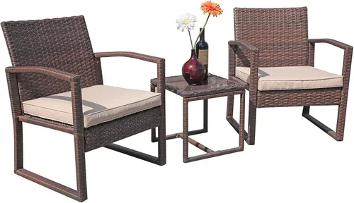 Miniatura 10 de Patiorama Juego de muebles de patio al aire libre de 3 piezas, juego de sillas de ratán con mesa auxiliar, para jardín, balcón, patio trasero, junto