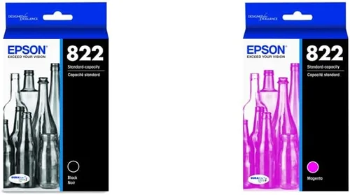 Epson T822 DURABrite Ultra Ink Cartucho negro de capacidad estándar (T822120-S) y T822 DURABrite Ultra - Tinta de capacidad estándar Magenta -