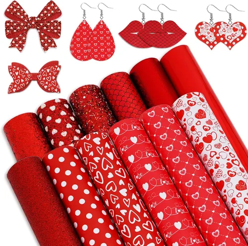 Whaline 12 hojas de cuero sintético de San Valentín de 12 x 8 pulgadas, tela de cuero sintético con purpurina de corazón rojo, surtido de tela de