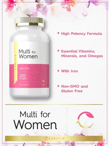 Miniatura 3 de Carlyle Multivitamínico para mujeres con hierro 200 cápsulas blandas Vitaminas esenciales, minerales y omegas Suplemento de apoyo nutricional