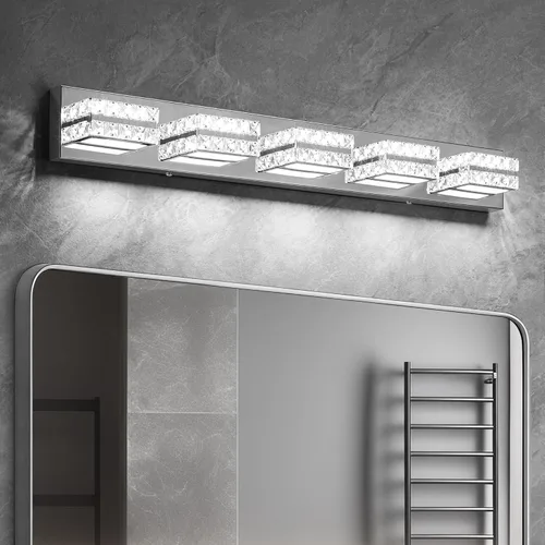 Miniatura 15 de OKELI Lámpara de tocador de cristal para baño, moderna lámpara LED de tocador para baño, lámpara frontal de espejo de cristal de 3 luces, 6000 K